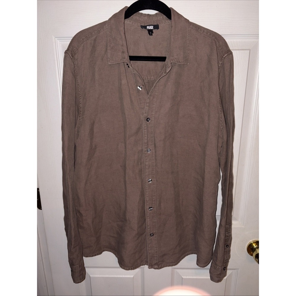 PAIGE Peters Shirt Men's Sz L Linen Lyocell Blend Button Up Lt Brown Long Sleeve